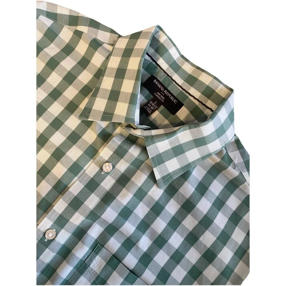Banana Republic Men Long Sleeve Large 16 16.5 Green Gingham Button Dress Shirt